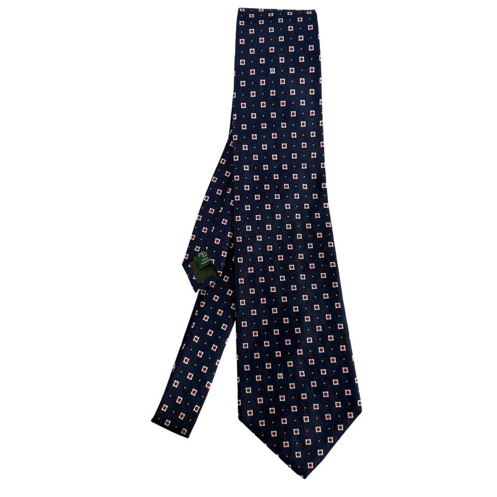 Lauren Ralph Lauren Tie Necktie Navy Blue Red Squares Geometric 100% Silk USA